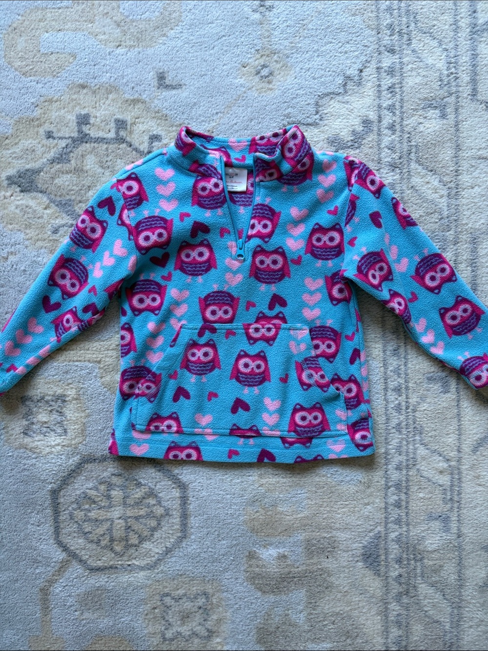 Hanna Andersson 4T Turquoise Fleece Pullover with Pink Owl Print
